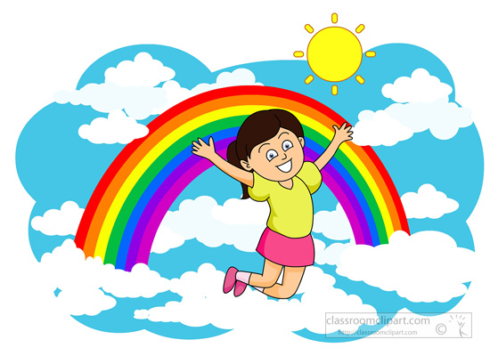 happy girl jumping with rainbow in sky